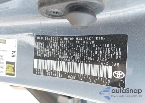 2020 Toyota Corolla Le from USA, damaged, VIN 5YFEPRAE5LP128342